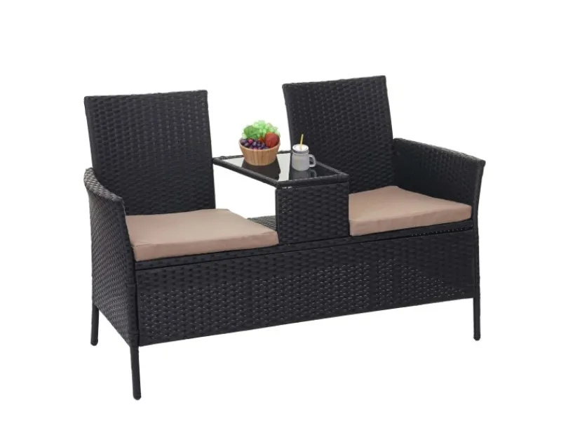 MCW Lounge-Gartenmöbel|Gartenbänke|Poly-Rattan Sitzbank mit Tisch E24 Kissen Creme
