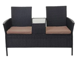 MCW Lounge-Gartenmöbel|Gartenbänke|Poly-Rattan Sitzbank mit Tisch E24 Kissen Creme