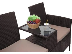 MCW Gartenmöbel-Sets|Balkonmöbel|Poly-Rattan Sitzbank mit Tisch E24 Kissen Creme