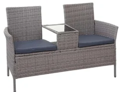 Poly-Rattan Sitzbank mit Tisch E24 Grau Kissen Dunkelgrau*MCW
