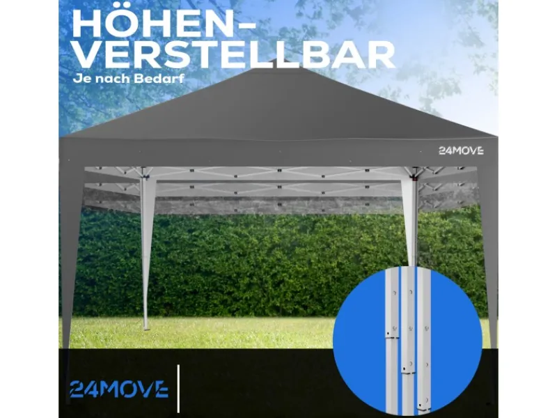 24Move Pavillons|Pavillon 3x3m UV-Schutz 50+ Wasserdicht & winterfest mit Tasche Grau