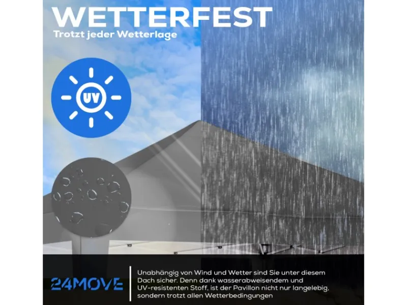 24Move Pavillons|Pavillon 3x3m UV-Schutz 50+ Wasserdicht & winterfest mit Tasche Grau