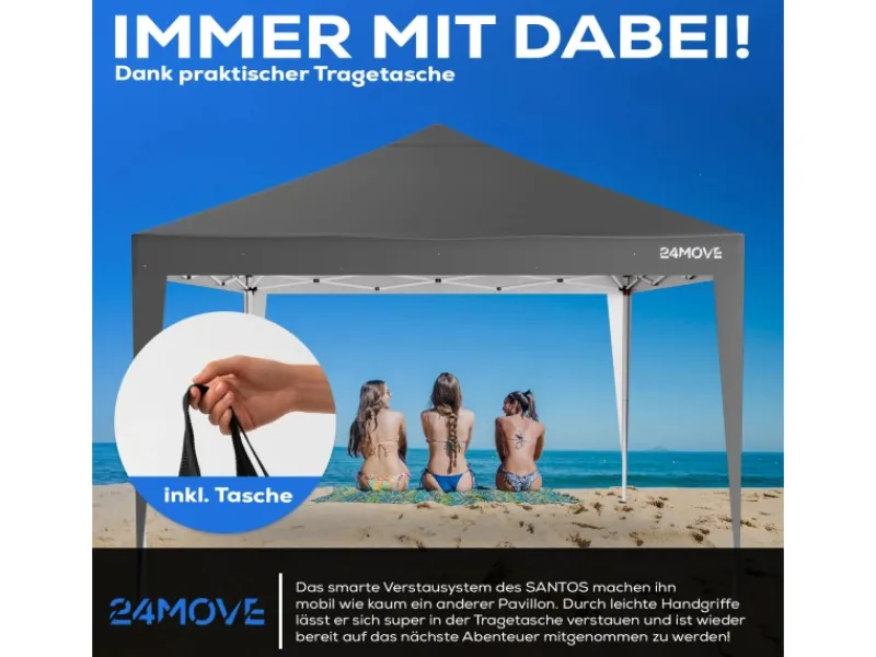 24Move Pavillons|Pavillon 3x3m UV-Schutz 50+ Wasserdicht & winterfest mit Tasche Grau