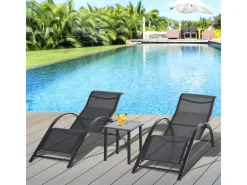 Gartenliege mit Tisch und 2 Sonnenliegen Metall Schwarz*Outsunny Discount