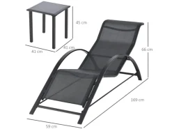 Gartenliege mit Tisch und 2 Sonnenliegen Metall Schwarz*Outsunny Discount