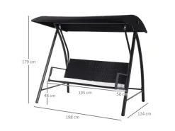 Outsunny Hollywoodschaukeln|Gartenschaukel Metall PE Polyrattan Schwarz 198L x 124B x 179H cm