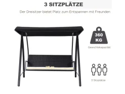 Outsunny Hollywoodschaukeln|Gartenschaukel Metall PE Polyrattan Schwarz 198L x 124B x 179H cm