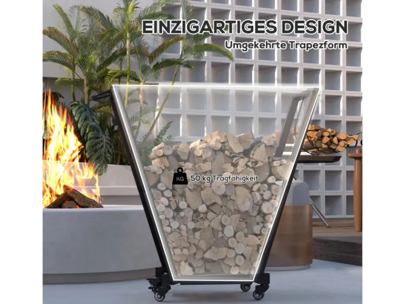 Kaminholzständer Brennholzregal mit Rollen Metall Schwarz*Outsunny Online