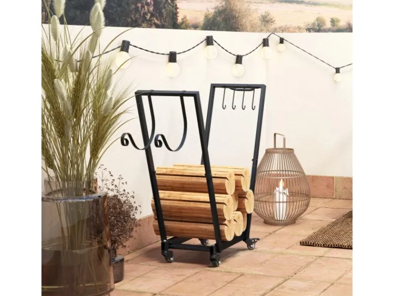 Kaminholzständer Brennholzregal mit Rollen Metall Schwarz*Outsunny Online