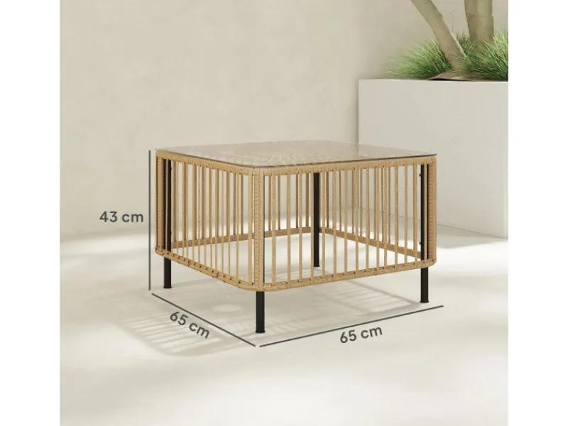 Outsunny Gartentische|Rattan-Gartentisch Stahl PE-Rattan 65L x 65B x 43H cm Naturholz