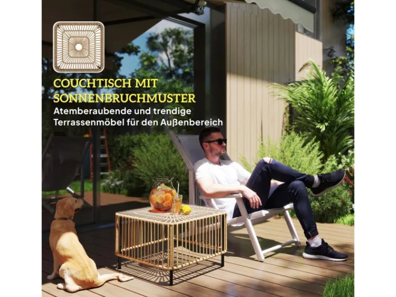 Outsunny Gartentische|Rattan-Gartentisch Stahl PE-Rattan 65L x 65B x 43H cm Naturholz