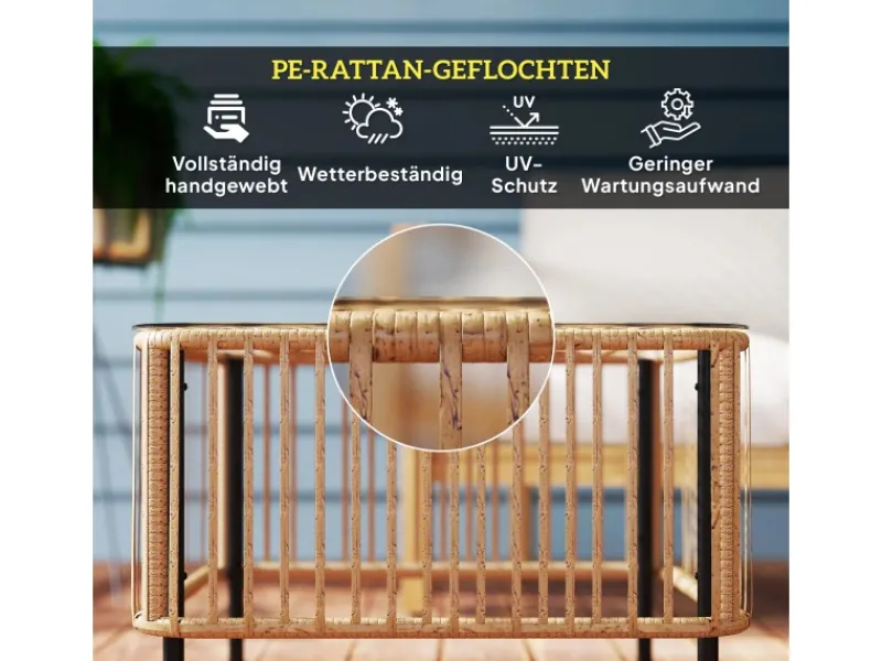 Outsunny Gartentische|Rattan-Gartentisch Stahl PE-Rattan 65L x 65B x 43H cm Naturholz