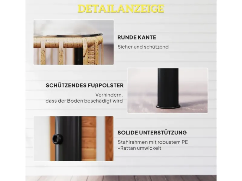 Outsunny Gartentische|Rattan-Gartentisch Stahl PE-Rattan 65L x 65B x 43H cm Naturholz