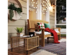 Outsunny Gartentische|Rattan-Gartentisch Stahl PE-Rattan 65L x 65B x 43H cm Naturholz