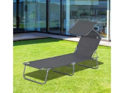 Outsunny Sonnenliegen|Sonnenliege Klappbar Gartenliege mit Dach bis 120 kg Belastbar Grau