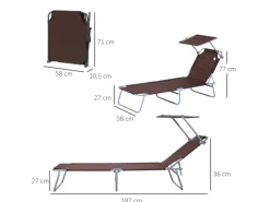 Outsunny Sonnenliegen|Sonnenliege Klappbar Gartenliege mit Dach bis 120 kg Belastbar Braun