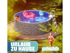 Stahlwandpool Set Rund 460 x 120 cm Steinoptik Aufstellpool mit Innenfolie, Skimmer und Einlaufdüse*Poolomio Online