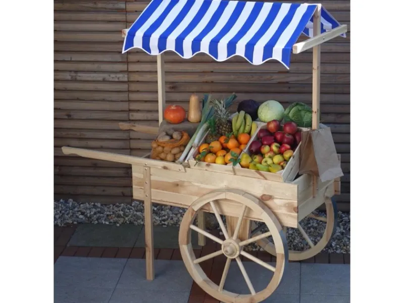 Promadino Gartendekoration|Marktwagen Kiefernholz mit Baldachin Weiß/ (LxBxH) 173x82x184 cm