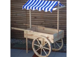 Promadino Gartendekoration|Marktwagen Kiefernholz mit Baldachin Weiß/ (LxBxH) 173x82x184 cm