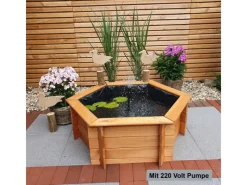 Promadino Teichfolien|Rund Um Den Teich|Sechseck-Hochteich Ø 100 cm inkl. Pumpe 220 Volt aus Kiefernholz