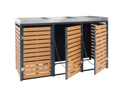 3er Mülltonnenverkleidung Mit Pflanzkasten HxBxT 124x200x84 cm Teak-Optik Mülltonne WPC Edelstahl 107kg*PROREGAL New