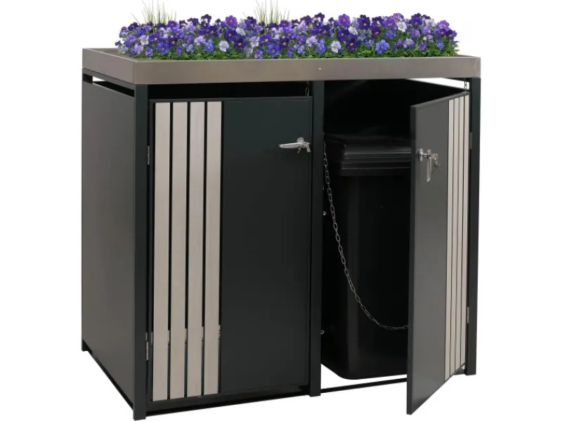 2er-Mülltonnenverkleidung Mit Pflanzkasten HxBxT 125x132x84 cm Anthrazit Holzoptik Hell Mülltonne 55kg*PROREGAL Online