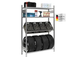 PROREGAL Sportgeräte|Getränkekisten- & Reifenregal Chiemsee Tire Made in Germany HxBxT 200 x 136 x 43,5 cm 4 Kisten auf 1 Ebene & 4 Reifen & 2 Boards Verzinkt