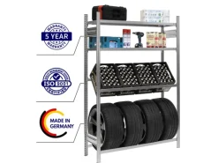 PROREGAL Sportgeräte|Getränkekisten- & Reifenregal Chiemsee Tire Made in Germany HxBxT 200 x 136 x 43,5 cm 4 Kisten auf 1 Ebene & 4 Reifen & 2 Boards Verzinkt
