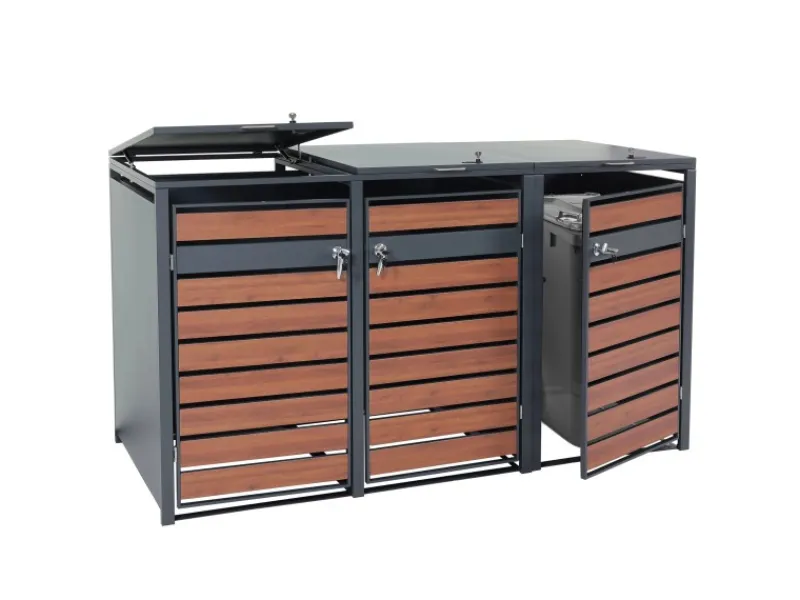 PROREGAL Weitere Ordnungssysteme Für Den Garten|Mülltonnenbox 3er 117x200x80cm Anthrazit Kirsche-Holzoptik Dunkelbraun Schlitzoptik