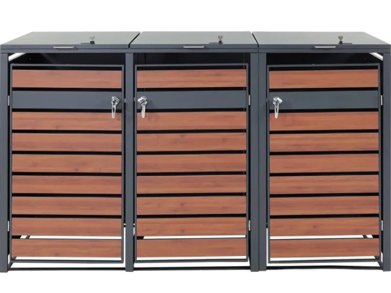 PROREGAL Weitere Ordnungssysteme Für Den Garten|Mülltonnenbox 3er 117x200x80cm Anthrazit Kirsche-Holzoptik Dunkelbraun Schlitzoptik