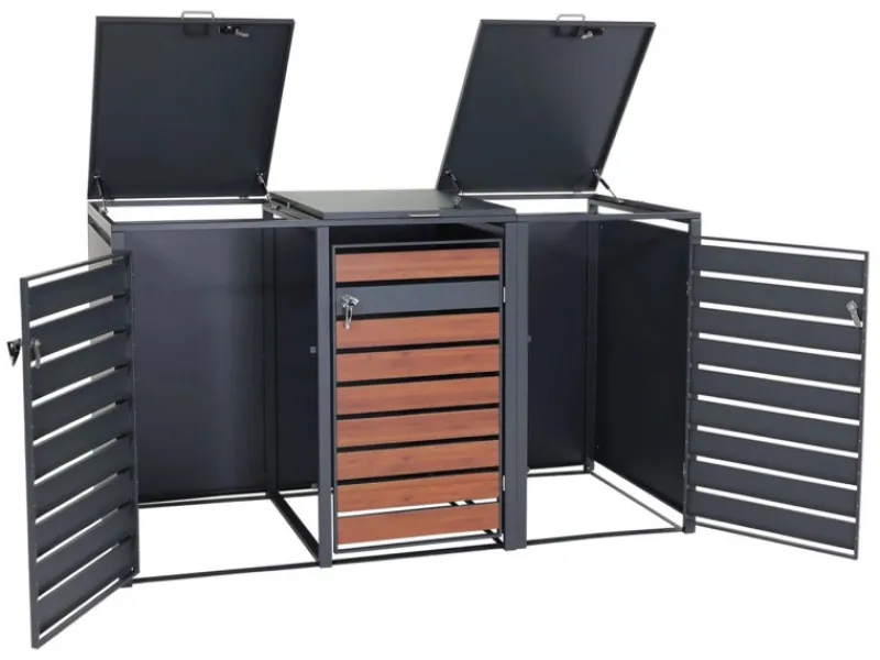 PROREGAL Weitere Ordnungssysteme Für Den Garten|Mülltonnenbox 3er 117x200x80cm Anthrazit Kirsche-Holzoptik Dunkelbraun Schlitzoptik