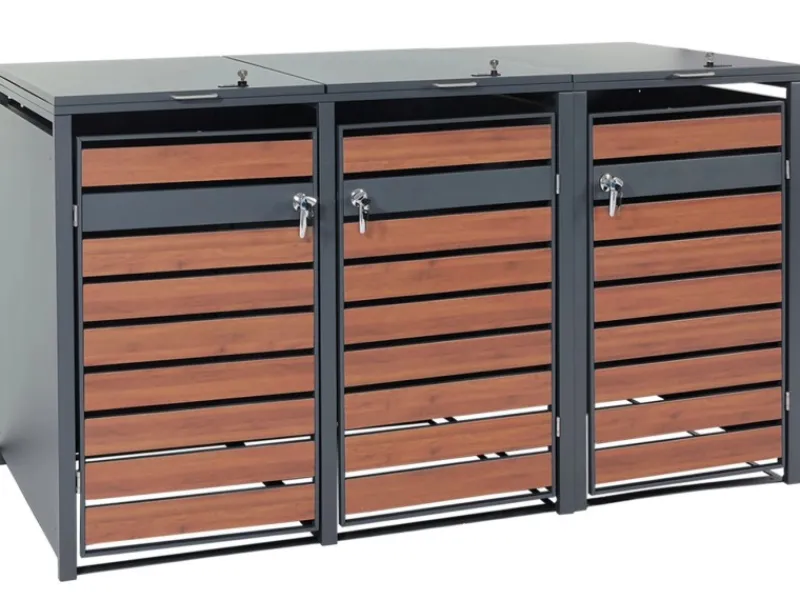 PROREGAL Weitere Ordnungssysteme Für Den Garten|Mülltonnenbox 3er 117x200x80cm Anthrazit Kirsche-Holzoptik Dunkelbraun Schlitzoptik