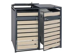 PROREGAL Weitere Ordnungssysteme Für Den Garten|Mülltonnenbox 2er XL 117x142x98cm Metall 59kg Anthrazit Buche-Holzoptik Hellbraun