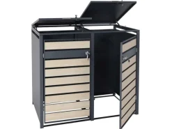 PROREGAL Weitere Ordnungssysteme Für Den Garten|Mülltonnenbox 2er 117x132x80cm Anthrazit Buche-Holzoptik Hellbraun Schlitzoptik