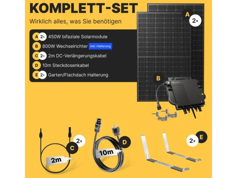 Solakon Balkonkraftwerk 900W Solaranlage mit Gartenhalterung Steckerfertig Komplettset Photovoltaik 800W Kabellänge 10m* Online