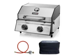 TAINO Tischgrills|Gasgrills|Platinum Compact Set Tischgrill Abdeckhaube Gasdruckminderer 2 Brenner Gasgrill Edelstahl