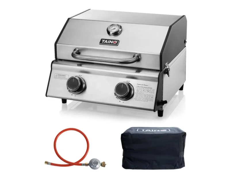 TAINO Tischgrills|Gasgrills|Platinum Compact Set Tischgrill Abdeckhaube Gasdruckminderer 2 Brenner Gasgrill Edelstahl