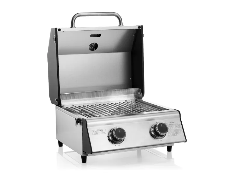 TAINO Tischgrills|Gasgrills|Platinum Compact Set Tischgrill Abdeckhaube Gasdruckminderer 2 Brenner Gasgrill Edelstahl