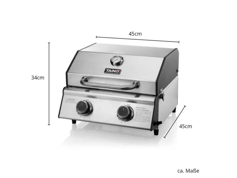 TAINO Tischgrills|Gasgrills|Platinum Compact Set Tischgrill Abdeckhaube Gasdruckminderer 2 Brenner Gasgrill Edelstahl