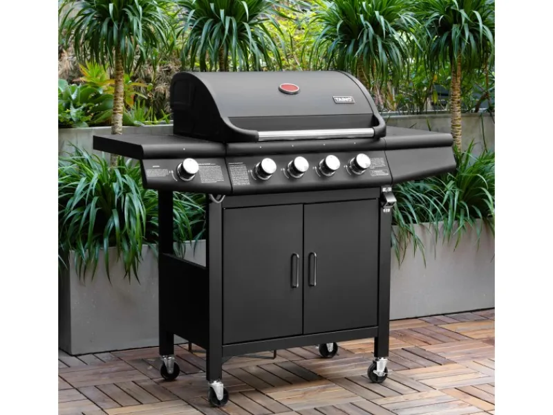 TAINO Gasgrills|Red 4+1 Gasgrill Set Mit Haube und Regler Grillwagen BBQ Edelstahl-Brenner Gas-Grill Schwarz