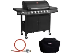 TAINO Gasgrills|Red 6+1 Gasgrill Set mit Haube und Regler Grillwagen BBQ Edelstahl-Brenner Gas-Grill Schwarz