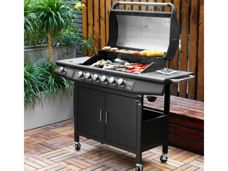 TAINO Gasgrills|Red 6+1 Gasgrill Set mit Haube und Regler Grillwagen BBQ Edelstahl-Brenner Gas-Grill Schwarz