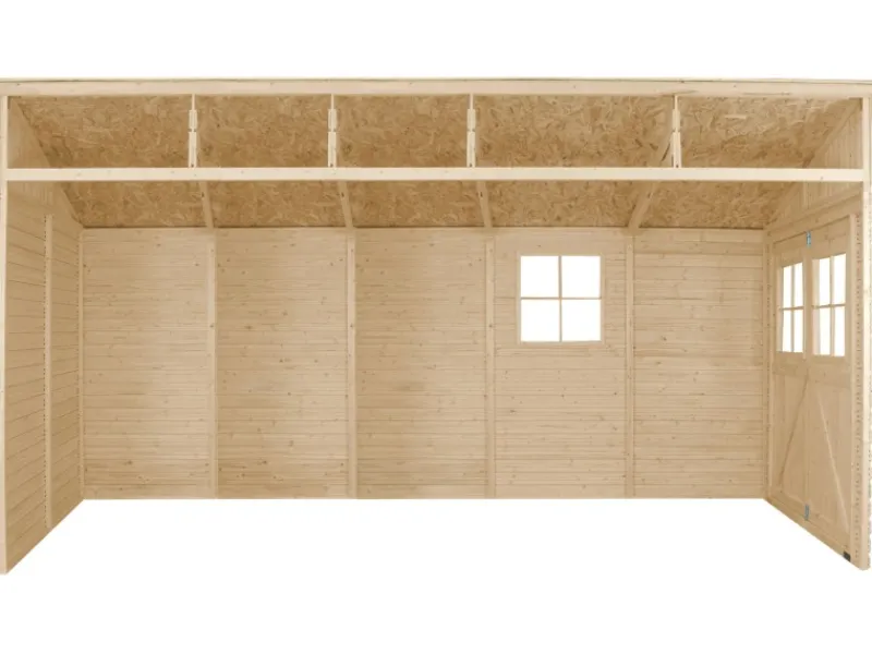 Timbela Kaminholzregale|Anbau-Gartenhaus Holz M341 10 m² ohne Seitenwand ohne Boden