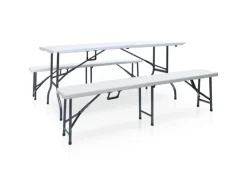 vidaXL Klappbarer Gartentisch mit 2 Bänken 180 cm Stahl und HDPE Weiß 48833* Clearance
