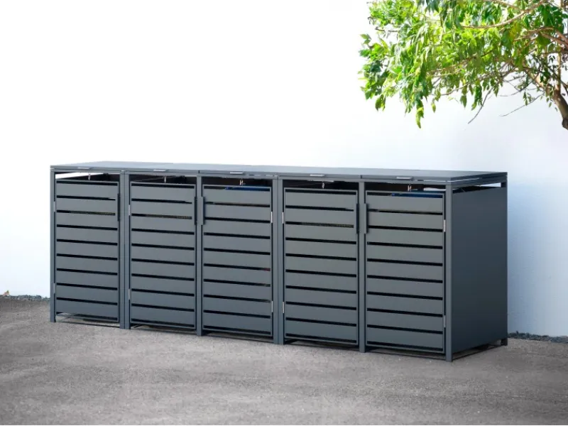 Westmann Mülltonnenboxen|Gartenschränke|Mülltonnenbox Kubus Metall 5er Box 240 l Anthrazit 116 x 332 x 80 cm
